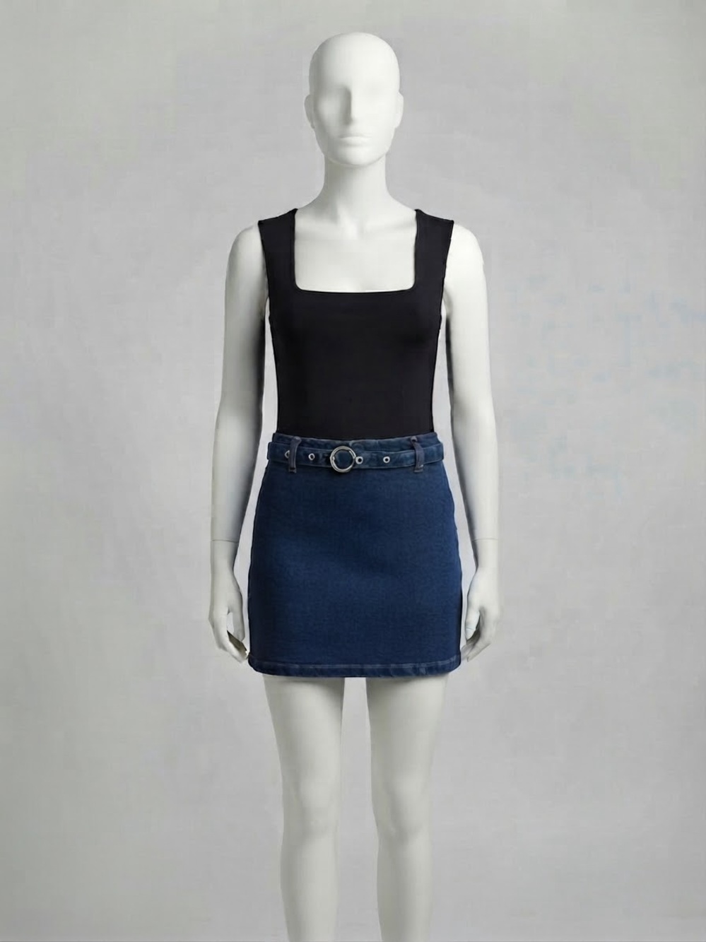 Dark Blue Denim Mini Skirt with Belted Waist